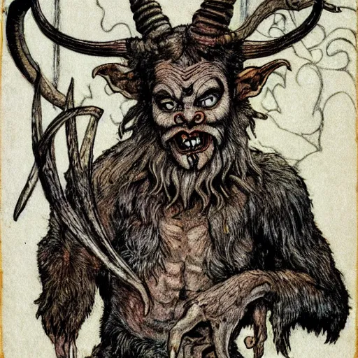 Image similar to Victorian Krampus horned satyr figure walking through a fantasy Victorian christmas village, closeup, horns, walter crane, art by arthur rackham, photorealistic, dark fantasy, kay nielsen, book illustration style, 19th Century