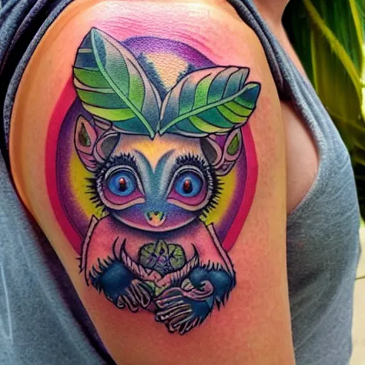 Prompt: shoulder tattoo of a multicolored trippy meditating cute bush baby, eyes are glowing rainbow spirals, happy mood, surrounded with colorful magic mushrooms and rainbow marihuana leaves, insanely integrate