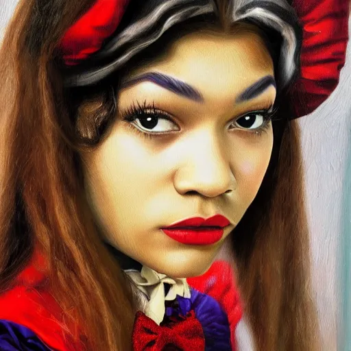 Image similar to zendaya as Alice in wonderland, oil painting, high detail,