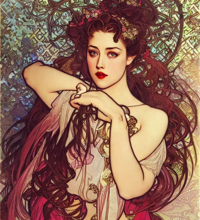 Prompt: detailed portrait of amber heard by alphonse mucha, ayami kojima