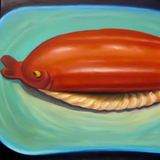 Image similar to oil on canvas, half fish half sausage on a plate. sausage with the fins of a fish