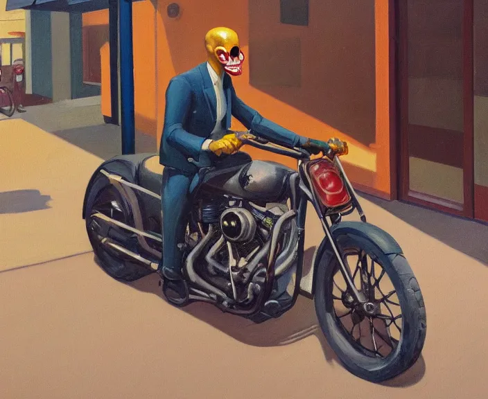 Image similar to a very detailed painting of a man wearing a suit, his head is a skull, riding a motorbike down a street, harley davidson motorbike, worm's - eye view, very fine brush strokes, very aesthetic, very futuristic, in the style of edward hopper and grant wood and syd mead, 4 k,