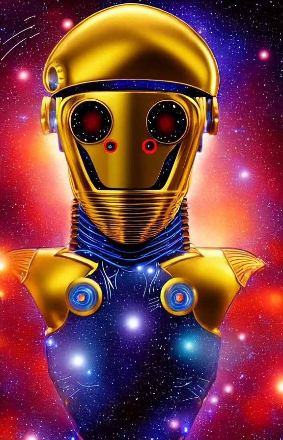 Image similar to portrait of a robot humanoid alien with golden armature and medieval helmet. Galactic iridescent background in the style of Tim white and moebius