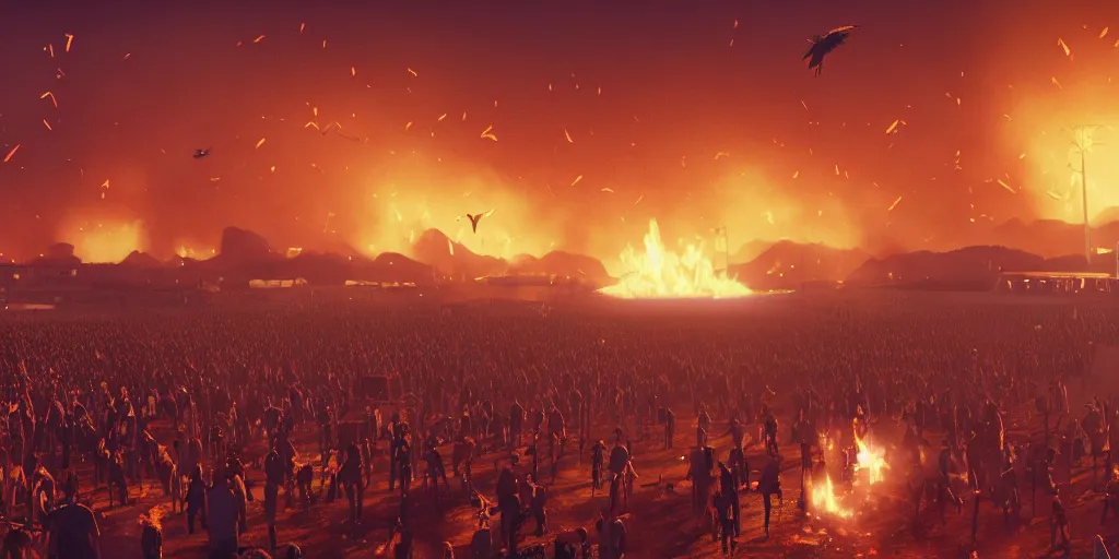 Image similar to realistic cinematic views of a orwellian coachella with fires in the background and dead seagulls falling from the sky in front of the main stage, realistic, cinematic, newspaper, dramatic lighting, depth of field background by victor mosquera, misty, terror glow, unreal engine 5 render, 3 5 mm film grain