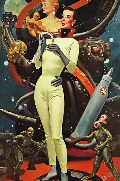 Image similar to 5 0 s pulp scifi fantasy illustration full body portrait elegant woman wearing latex spacesuit standing beside monster, by norman rockwell, edd cartier, roberto ferri, jack kirby, earle bergey, ruan jia, jason fabok, tom lovell, frank r paul, dean cornwell, astounding stories, amazing, fantasy, other worlds