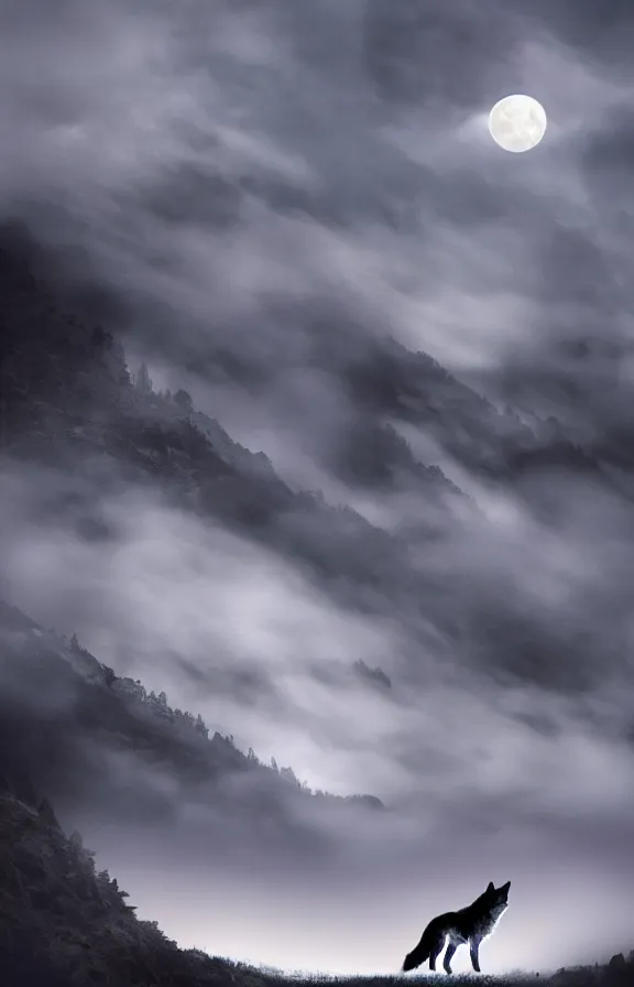 Prompt: a photograph of a wolf at full moon in a mountainous environment, full moon with fog and clouds, concept art, epic lighting, cinematographic