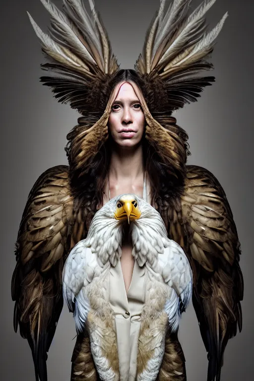 Prompt: epic professional digital portrait of attractive female human - eagle hybrid animal, wearing human air force jumpsuit, humanoid feathered head, eagle beak, by lisa roet, leesha hannigan, wayne haag, iris van herpen, artstation, cgsociety, epic, much wow, much detail, gorgeous, detailed, cinematic, masterpiece