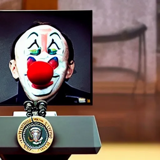 Image similar to photo of a television with a president with clown face giving a speech