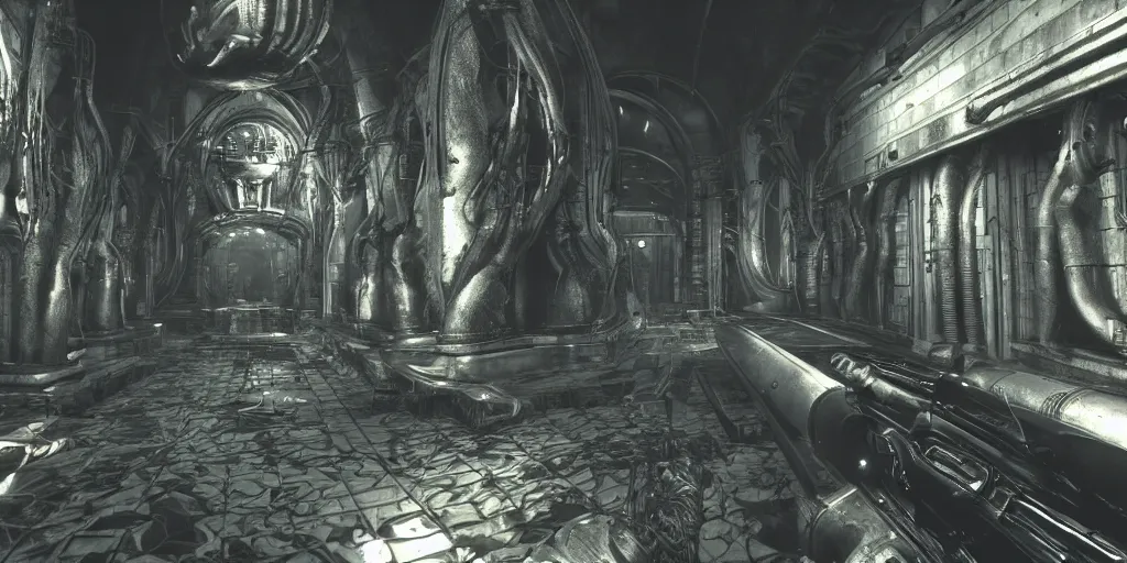 Image similar to Gameplay footage of a first person game designed by H.R Giger and Kojjima, amazing graphics, raytracing, detailed