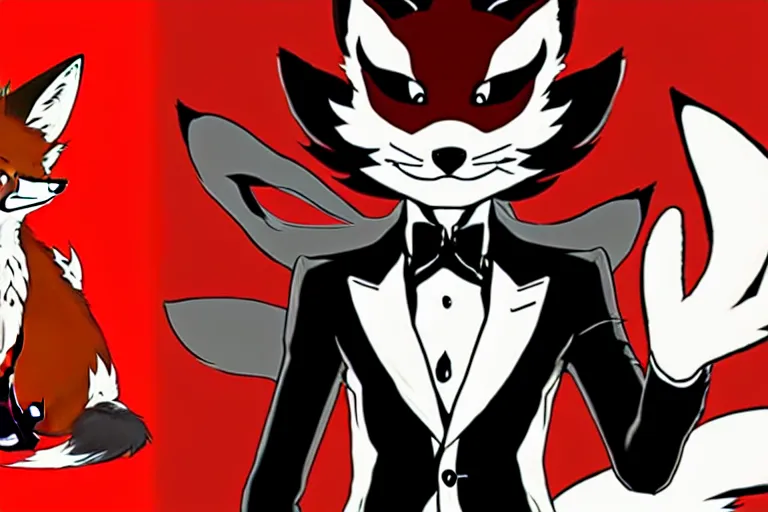 Image similar to a furry tan male fox on a persona 5 : royal ( by atlus ) video game splash screen, a furry male sandcolored tan fox fursona ( has hair ), persona 5 phantom thief style