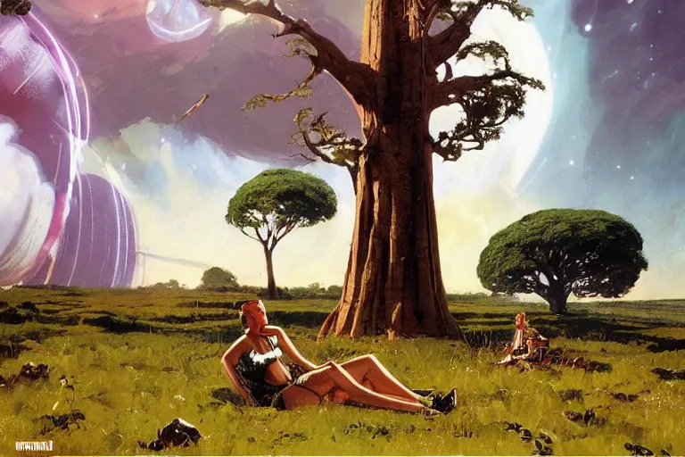 Prompt: 5 0 s pulp scifi illustration, space girl sitting in grass in english countryside, baobab trees in distance, storm on horizon, by wadim kashin, norman rockwell, morgan weistling, earle bergey, craig mullins, ruan jia, chris foss, tyler edlin