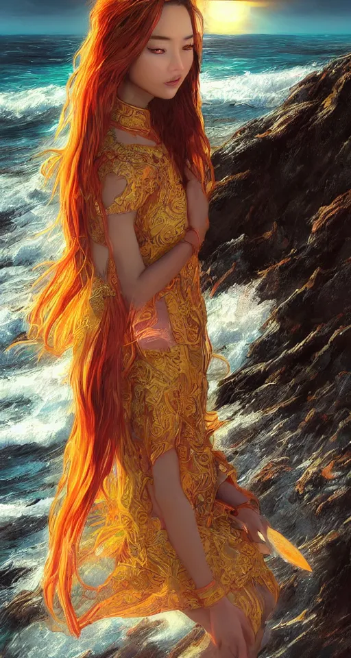 Image similar to ! dream photorealistic long shot of a dark mystical goddess wearing a qipao dress, big sun rough sea and jagged rocks, nets, plastic bottles, garbage, sand and sea, golden hour, ao dai, environmental, fantasy, atmospheric, hyper realistic, artstation, art by artgerm, andres rodriguez and john william waterhouse