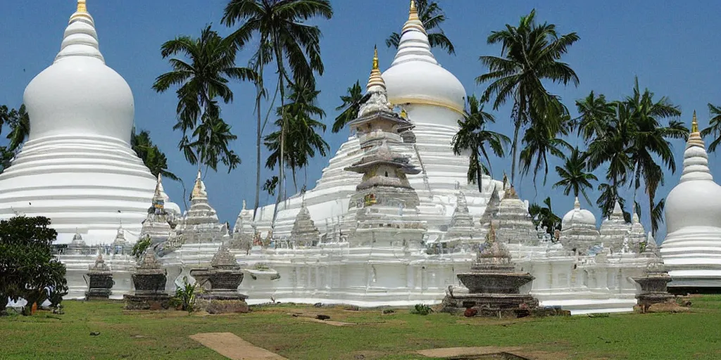 Image similar to sri lankan temple with white stupa, drawn by hayao miyazaki