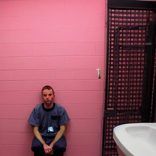 Prompt: Jeff bezoz in prison, the walls are pink, bezoz is sitting on the toilet
