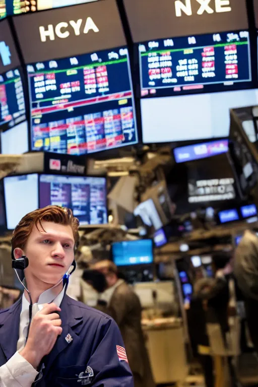 Image similar to tom holland rings the opening bell at the new york stock exchange trading floor, 3 5 mm photography, highly detailed, cinematic lighting, 4 k