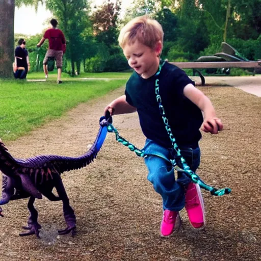 Prompt: a kid at the park walking a velociraptor with a leash