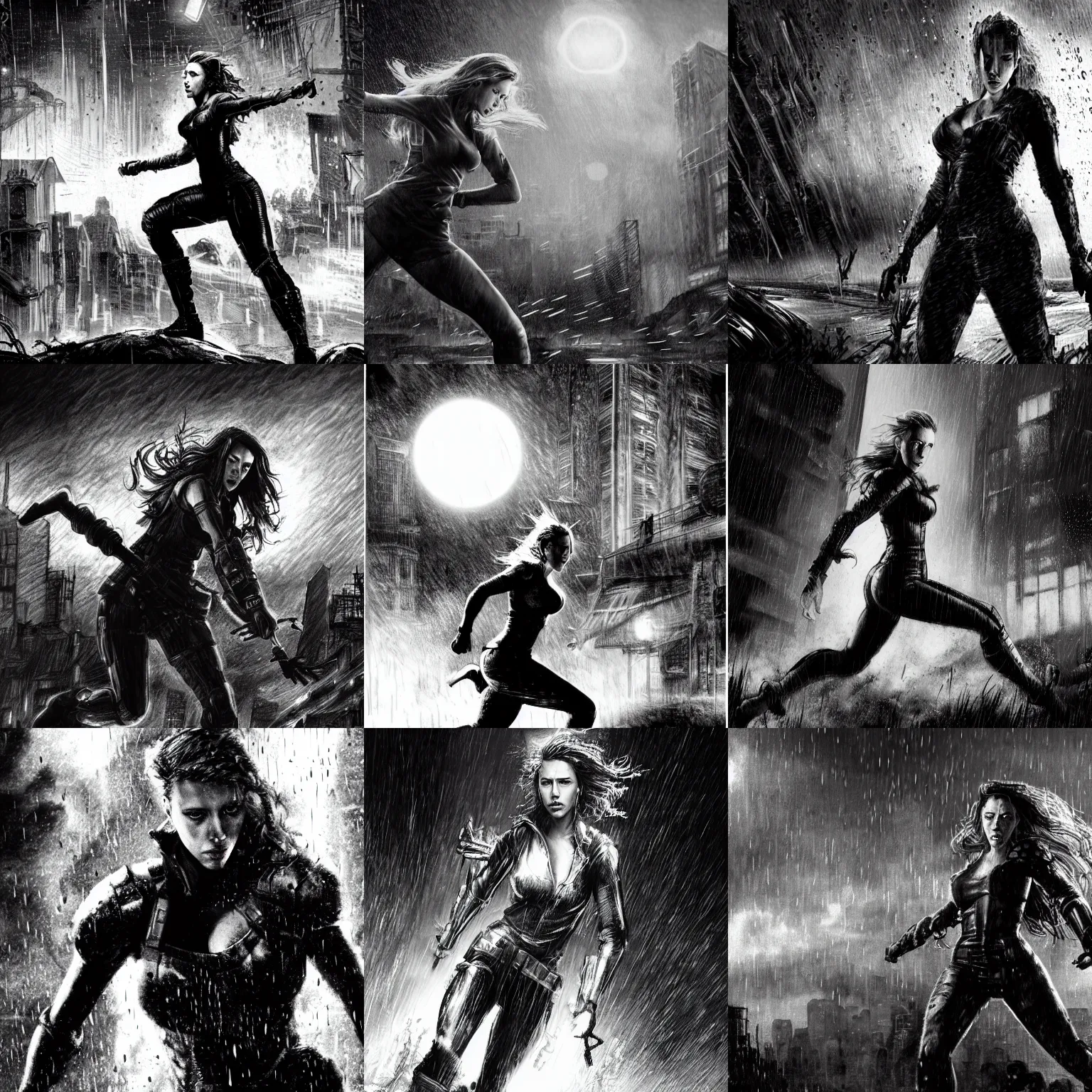 Prompt: black and white scarlett johansson wearing rain soaked armour in the pouring rain, running from zombies in the background, frank frazetta manga style, hyper realism, pencil and ink, full body action pose, dynamic lighting in a post apocalyptic city, at night with dramatic moonlight, drawn with added movement effects, cinematic effects vfx, dynamic angle