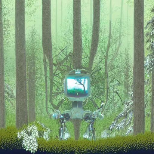 Image similar to a cybernetic ecology. joined back to nature, all watched over by machines of loving grace. a cybernetic forest filled with pines and electronics where deer stroll peacefully past computers as if they were flowers with spinning blossom