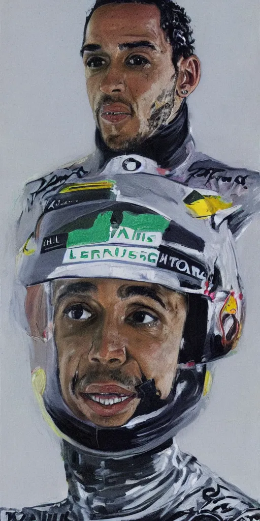 Prompt: A portrait of Lewis Hamilton in his racing uniform by Francis Bacon