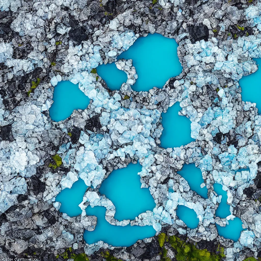 Image similar to bright blue pools of water surrounded by large facetted slabs of obsidian, patches of green moss, icy glaciers, Iceland, birds eye view