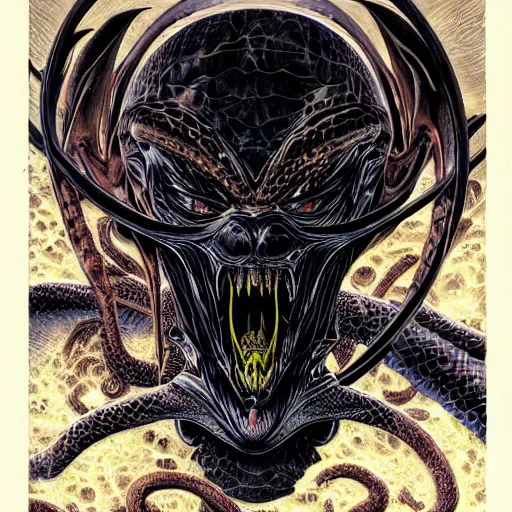 Image similar to portrait of dark reptile, symmetrical, by yoichi hatakenaka, masamune shirow, josan gonzales and dan mumford, ayami kojima, takato yamamoto, barclay shaw, karol bak, yukito kishiro