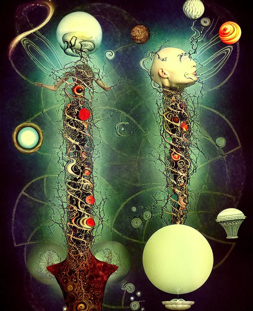 Image similar to whimsical uncanny creature alchemizes unique canto about'as above so below'being ignited by the spirit of haeckel and robert fludd, breakthrough is iminent, glory be to the magic within, to honor jupiter, surreal collage by ronny khalil