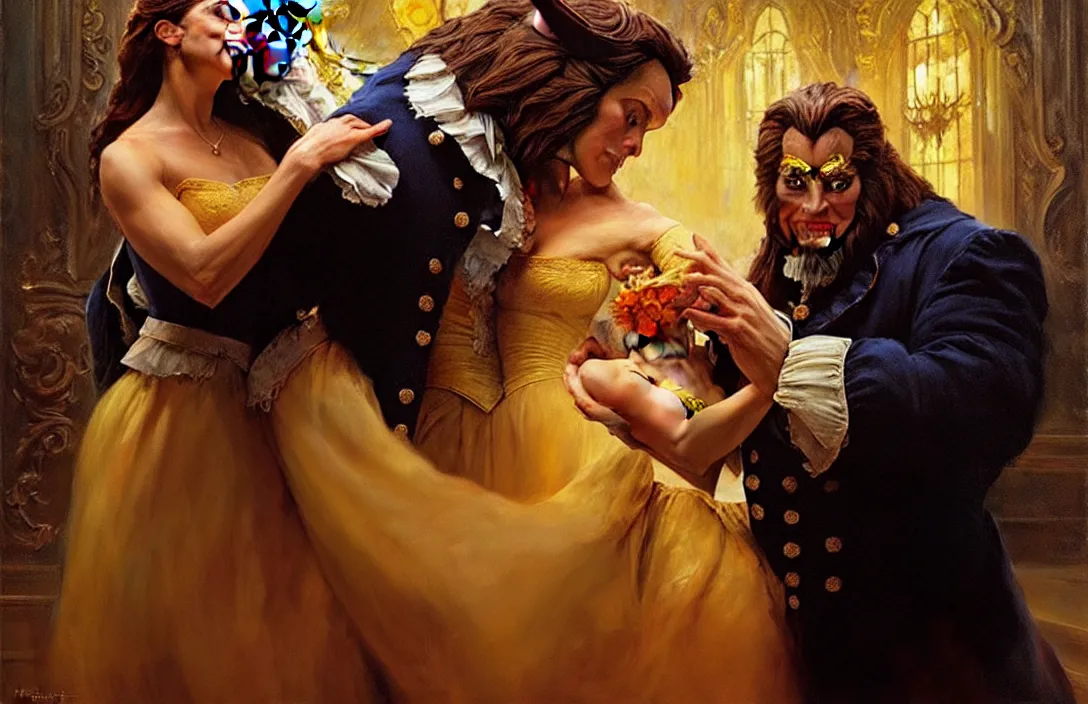 Image similar to portrait of beauty and the beast!!!!!!!!!!!!!!!!!!!!!!!!!!!, detailed face, detailed painting,, epic lighting, by ilya repin, phil hale and kent williams