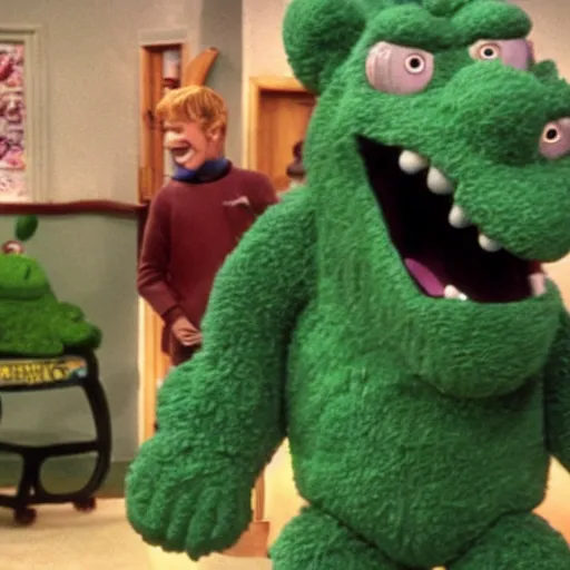 Prompt: Green Godzilla on Barney and Friends