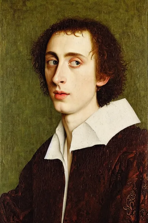 Image similar to portrait of timothee chalamet, oil painting by jan van eyck, northern renaissance art, oil on canvas, wet - on - wet technique, realistic, expressive emotions, intricate textures, illusionistic detail