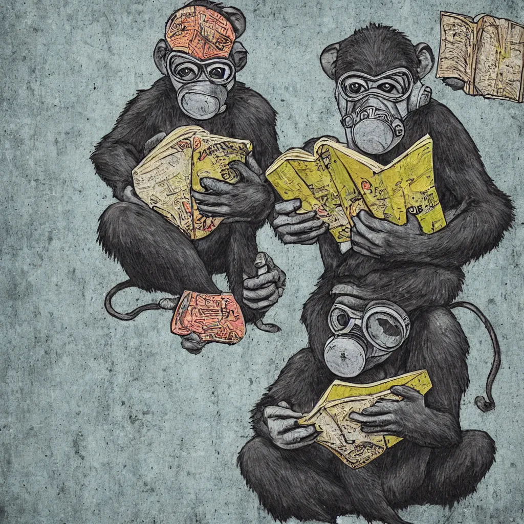 Prompt: Monkey reading a book, wearing a gas mask, graffiti, edge to edge, solid color background intricate, highly detailed, smooth, sharp focus, detailed face and body, high contrast