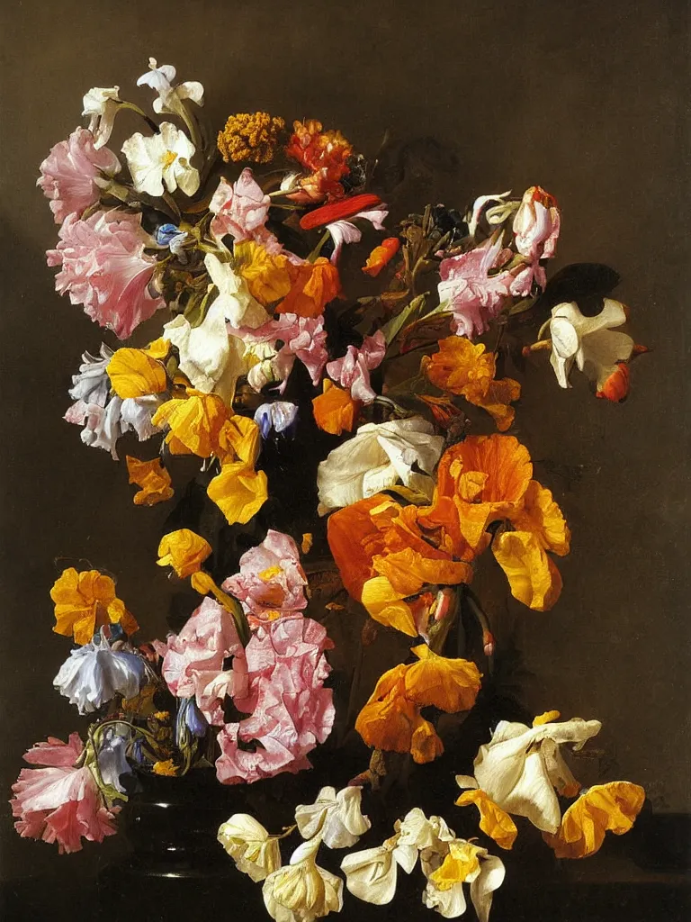 Image similar to painting, Dutch style, old masters, Jan Davidszoon de Heem, still life with flowers, iris, marigold, rose, lilies,