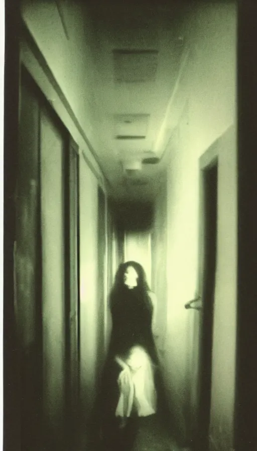 Image similar to found polaroid photo of a girl floating in a dark hallway, possessed