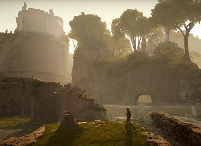 Image similar to a land ruins with a fort in the middle, golden pillars, water tunnels below and a time gate to another dimension, a wounded man wearing a white robe standing watching over, dramatic lighting, dawn, by caspar david friedrich, unreal engine 5