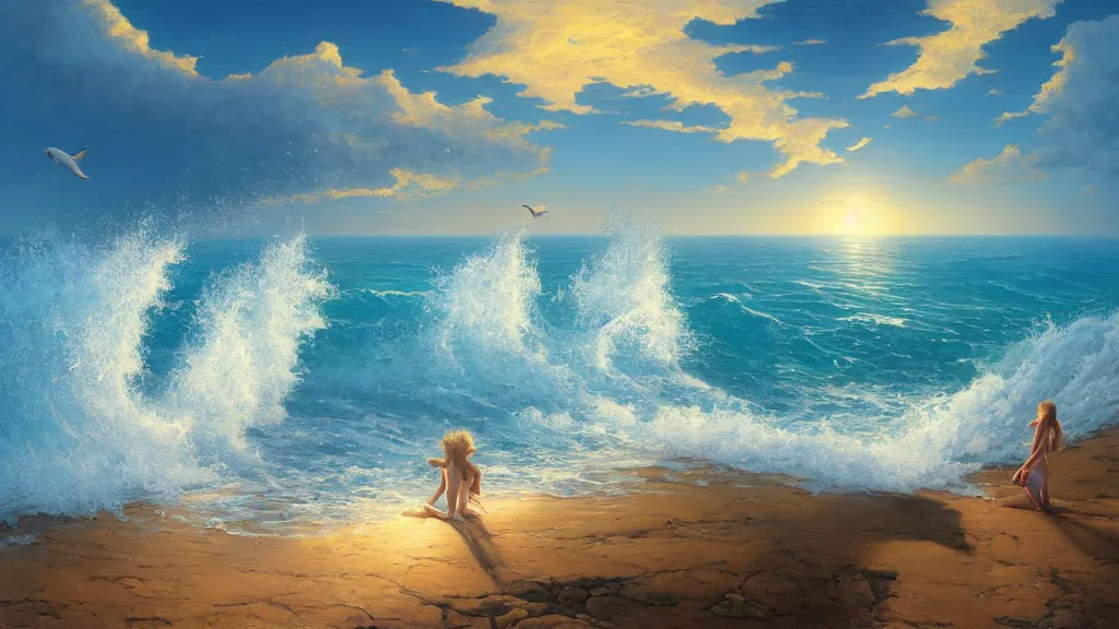 Image similar to first person view of breaking waves on the shore, summer, clear beautiful sky, bright sky, dolphins dolphin swimming, peaceful, amazing, by andreas rocha and john howe, and Martin Johnson Heade, featured on artstation, featured on behance, golden ratio, ultrawide angle, f32, well composed