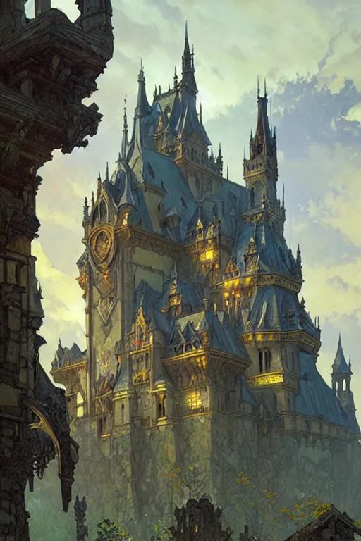 Image similar to An ancient castle, fantasy, painting by greg rutkowski and alphonse mucha