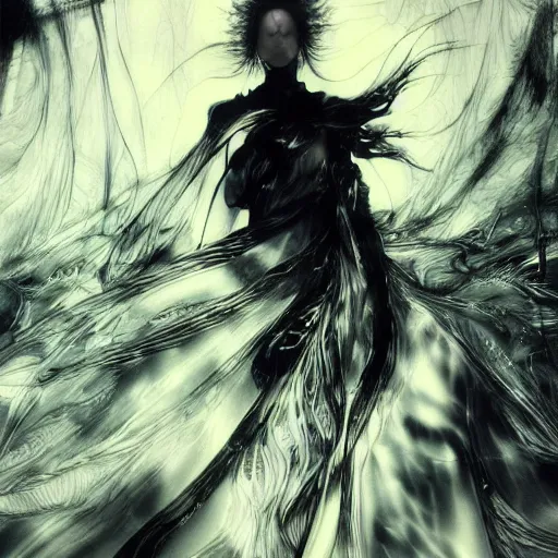 Image similar to yoji shinkawa blurred and dreamy illustration of an anime girl with black eyes, wavy white hair fluttering in the wind wearing elden ring armor and crown with engraving, abstract black and white patterns on the background, art by yoshitaka amano, noisy film grain effect, highly detailed, renaissance oil painting, weird portrait angle, blurred lost edges, three quarter view