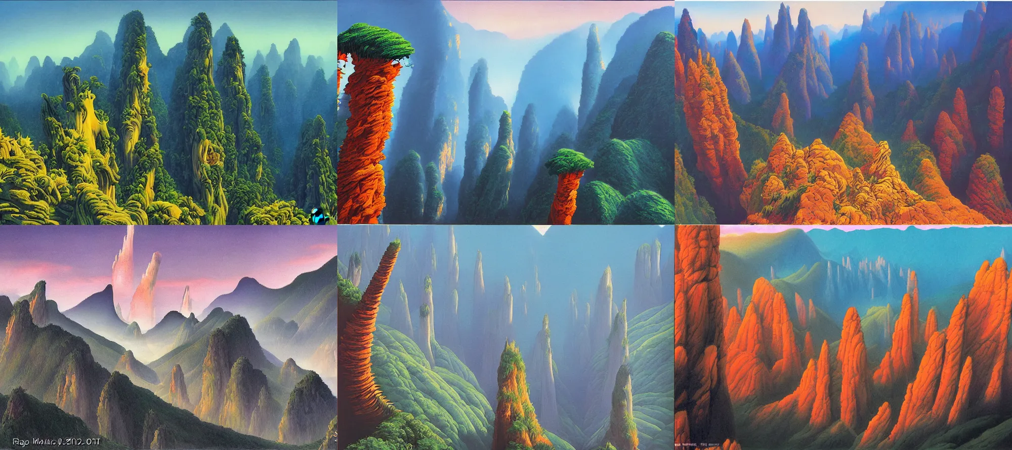 Prompt: Tianzi mountains landscape in the style of Dr. Seuss, starships, painting by Ralph McQuarrie