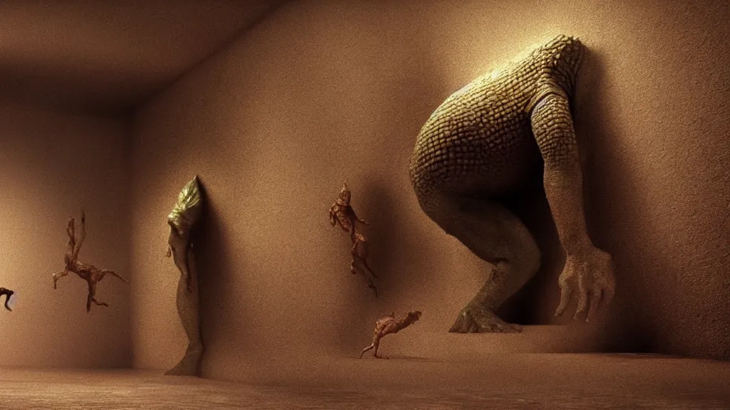 Image similar to the money creature in the bank, film still from the movie directed by denis villeneuve and david cronenberg with art direction by salvador dali and zdzisław beksinski