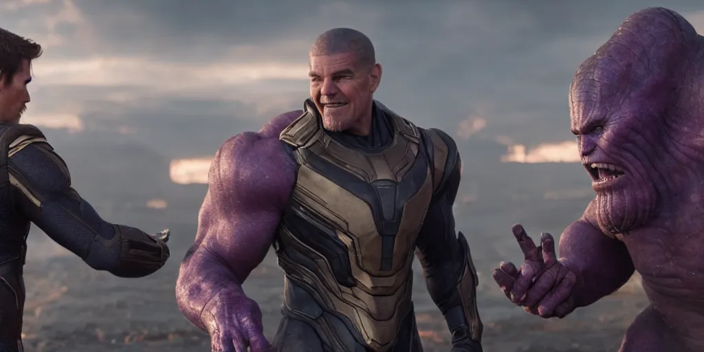 Image similar to an octane render from tom cruise shaking hands with thanos at the battle field of avengers endgame, cinematic, high resolution film render 100k, photo realistic