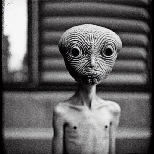 Image similar to portrait of alien beings, 85mm, by Diane Arbus, black and white, bokeh, lomography