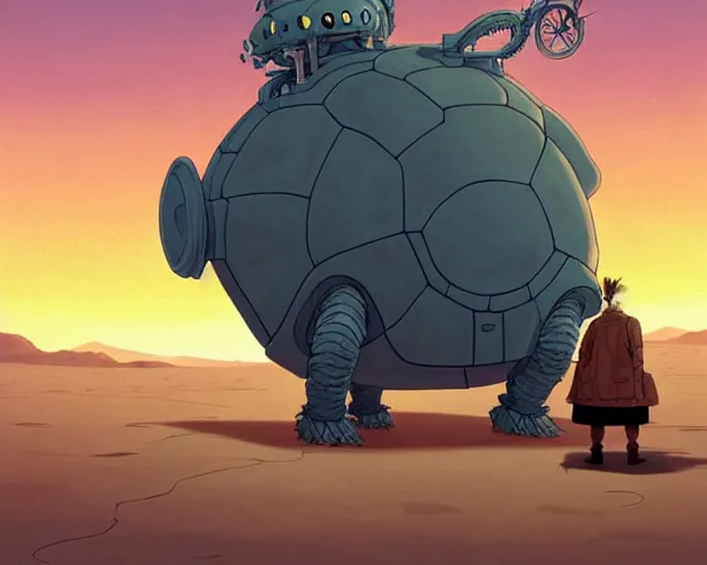 Image similar to a cell shaded cartoon giant grey lovecraftian mechanized turtle from howl's moving castle ( 2 0 0 4 ), with a big head, on a desert road, wide shot, sunset, golden hour, post grunge, concept art by josan gonzales, wlop, by james jean, victor ngai, hq, deviantart, art by artgem