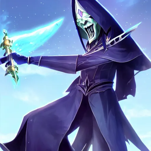 Image similar to Karthus from League of Legends holding a magical staff, laughing, anime art style