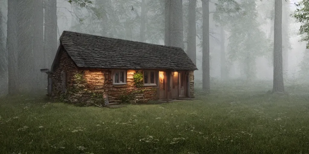 Image similar to a close up of a single cottage in the woods and empty woods, 8k, fantasy, realistic, atmospheric lighting