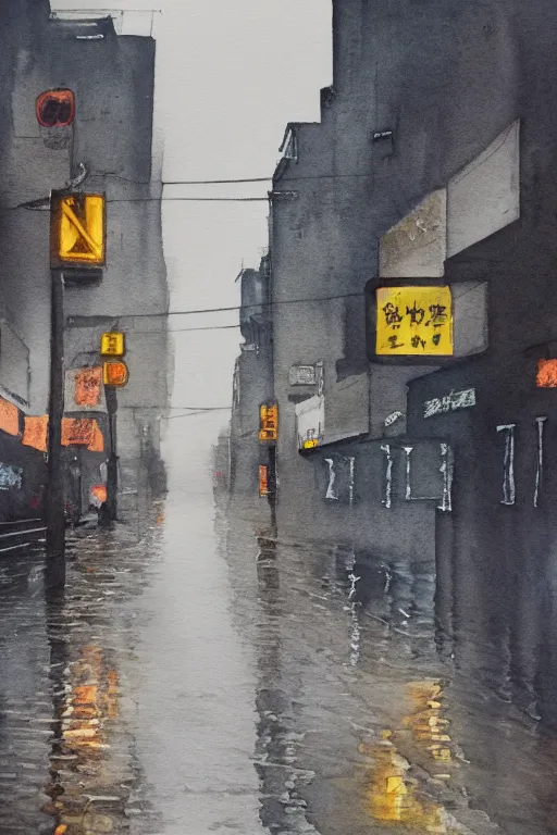 Prompt: a watercolor about contemporary Shanghai, deserted street after rain, cloudy overcast sky, poignant, high contrast of light and dark, smooth, by Joseph Zbikowicz, 8k