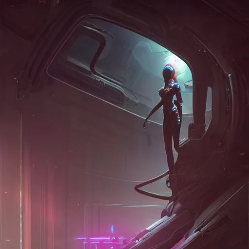 Prompt: Alien Cyborg standing, observing the outside of a spaceship window while veering off into the vast distance of space, illustrated by Greg Rutkowski and Gaston Bussiere, neon light fixtures, beautiful glowing atmosphere, dappled lighting, trending on artstation, 4k, 8k