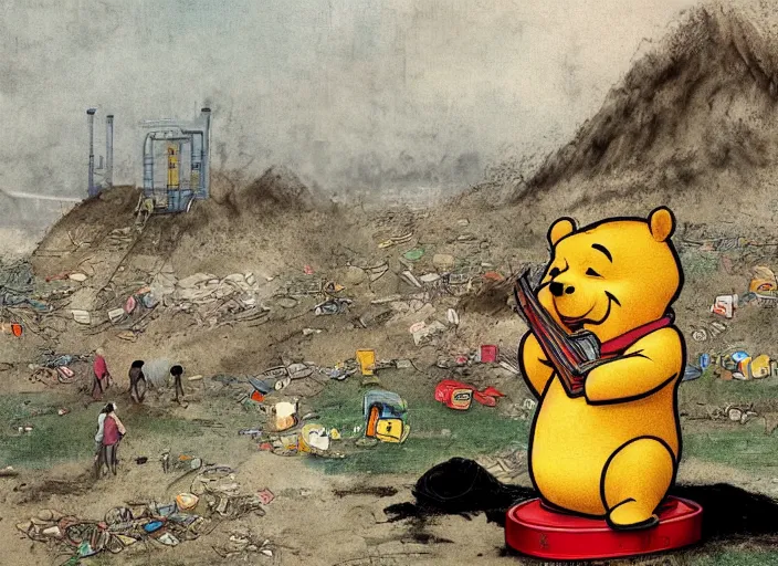 Image similar to portrait of Xi Jinping wearing a Winnie the Pooh onesie in a trashy Chinese dirt poor landfill, hungry, beta weak male, digital painting, concept art, smooth, sharp focus, illustration, from Slumdog Millionaire, by Hieronymus Bosch and Peter Mohrbacher