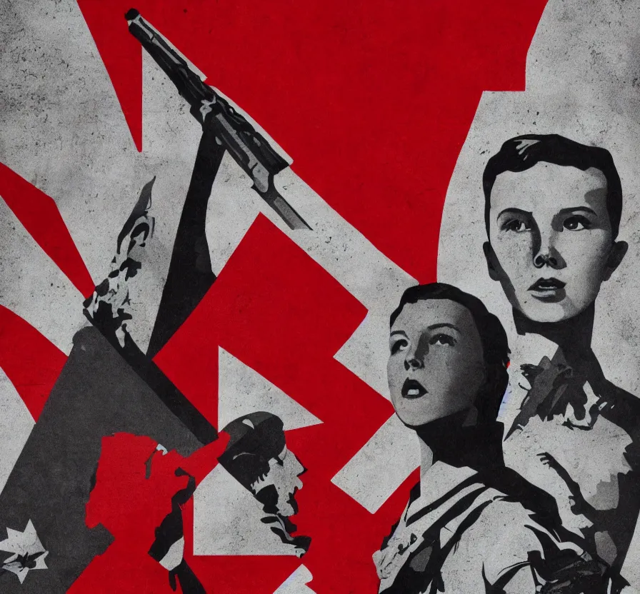 Image similar to millie bobby brown, urss flag, propaganda, poster, revolution, communist, high detail, year 1 9 4 4, russian letters, lenin, trending on artstation, illustration, film still, hammer and sickle