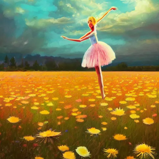 Prompt: giant daisy flower as head, girl ballet dancing in a flower field, surreal photography, sunrise, dramatic light, impressionist painting, colorful clouds, digital painting, artstation, simon stalenhag