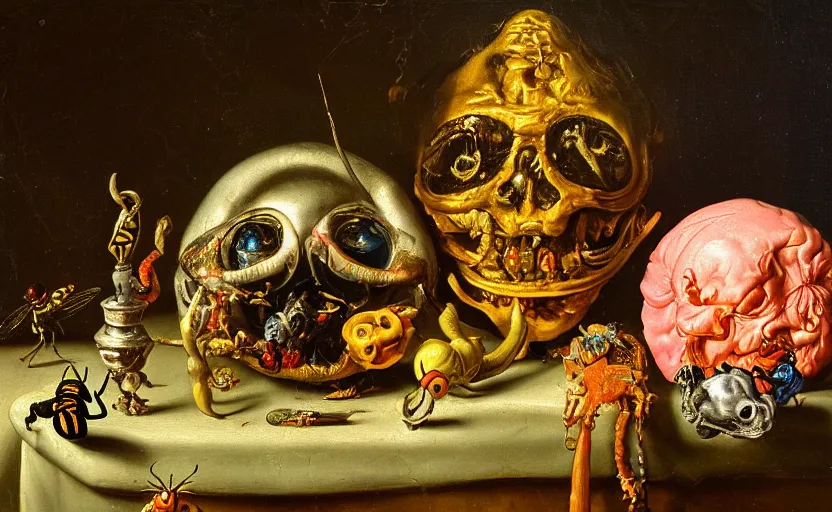 Image similar to disturbing colorful oil painting dutch golden age vanitas still life with bizarre objects strange gooey surfaces shiny metal bizarre insects rachel ruysch dali todd schorr very detailed perfect composition rule of thirds masterpiece canon 5 0 mm, cinematic lighting, photography, retro, film, kodachrome