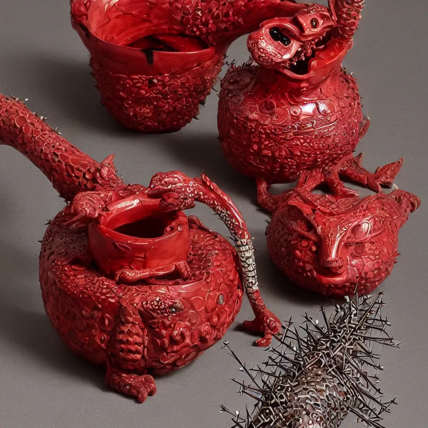 Prompt: Studio Photograph of Beautiful Handmade Yunomi with bone handle intricately carved with Lizard Eyes and painted with the image of Hungry Lizards by Paul Klee By Hans Bellmer and covered with hairlike spikes, Oxblood glaze Bright Intense Colors shocking detail hyperrealistic trending on artstation